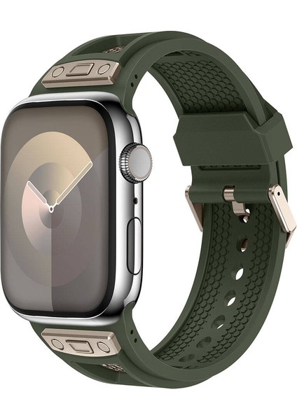 - ​​​Apple Watch 42mm - Kordon Delikli Metal Süslemeli Desenli Silikon Kordon - KRD-117 - Titanyum-Yeşil - T32807