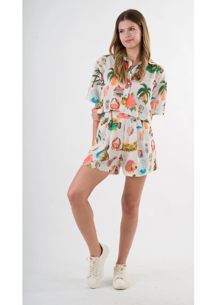 Kadın Çok Renkli Kısa Kollu Crop Gömlek HZL24S-YY299