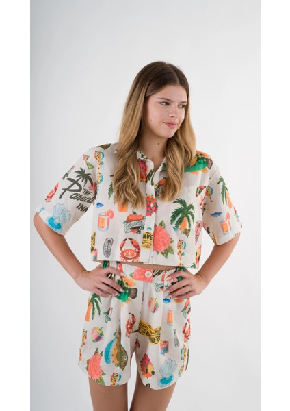 Kadın Çok Renkli Kısa Kollu Crop Gömlek HZL24S-YY299 modelleri
