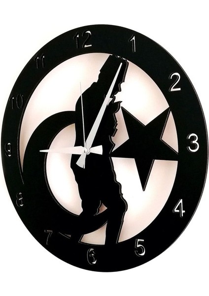 Yuvarlak Dekoratif Siyah Ahşap Duvar Saati Atatürk Portre Siyah 40 cm Ahşap Modern