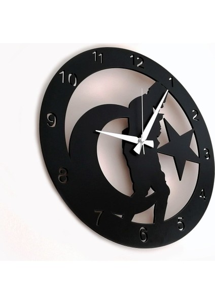 Yuvarlak Dekoratif Siyah Ahşap Duvar Saati Atatürk Portre Siyah 40 cm Ahşap Modern