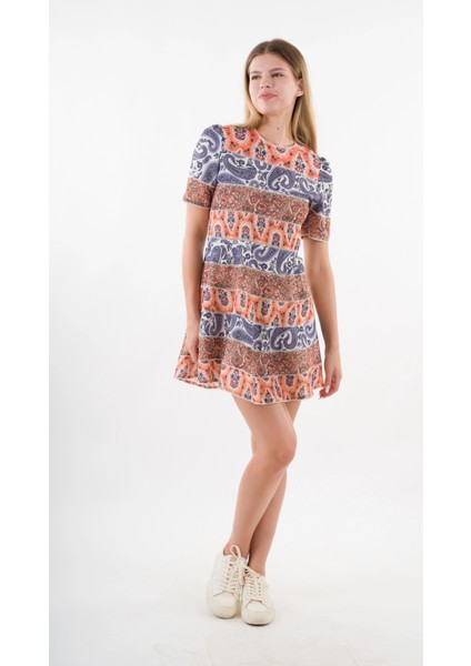 Kadın Lacivert Orange Etnik Desenli Bisiklet Yaka Astarsız Elbise HZL24S-YY238