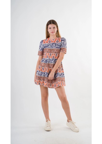 Kadın Lacivert Orange Etnik Desenli Bisiklet Yaka Astarsız Elbise HZL24S-YY238 fiyatları
