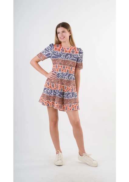 Kadın Lacivert Orange Etnik Desenli Bisiklet Yaka Astarsız Elbise HZL24S-YY238 modelleri