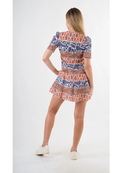 Kadın Lacivert Orange Etnik Desenli Bisiklet Yaka Astarsız Elbise HZL24S-YY238 indirimleri