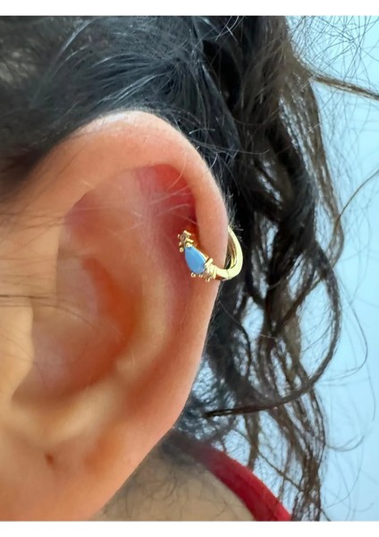 Mavi Damla Zirkon Taşlı 1 Adet Helix Kıkırdak Kulak Memesi Uyumlu Halka Piercing Küpe