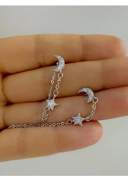 Zirkon Taşlı Hilal Yıldız Zincirli 1 Adet Helix Kıkırdak Kulak Memesi Uyumlu Halka Piercing Küpe