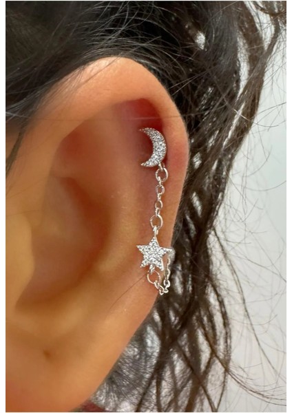 Zirkon Taşlı Hilal Yıldız Zincirli 1 Adet Helix Kıkırdak Kulak Memesi Uyumlu Halka Piercing Küpe