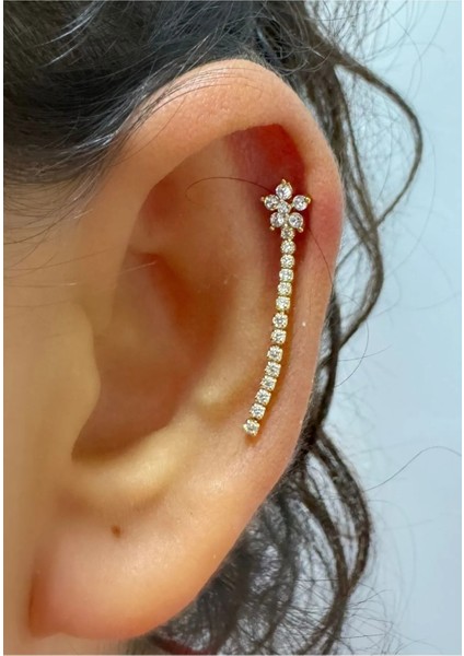 Zirkon Taşlı Çiçekli Su Yolu Zincirli Uzun 1 Adet Helix Kıkırdak Kulak Memesi Uyumlu Piercing Küpe