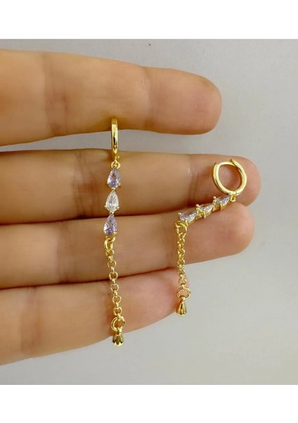Zirkon Taşlı 3 Damla Uzun 1 Adet Helix Kıkırdak Kulak Memesi Uyumlu Piercing Küpe