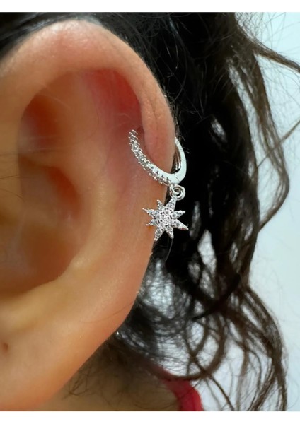 Zirkon Taşlı 1 Adet Kutup Yıldızı Helix Kıkırdak Kulak Memesi Uyumlu Halka Piercing Küpe