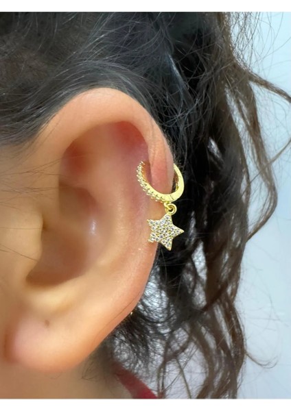 Zirkon Taşlı 1 Adet Yıldız Helix Kıkırdak Kulak Memesi Uyumlu Halka Piercing Küpe