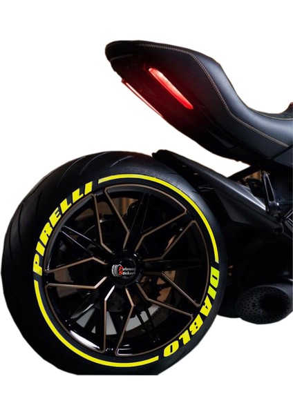Diablo + Kuyruk Motorsiklet Lastik Yazısı 2Lastik İçin Set Lastik Stiker 15-21 İnç Arası Uyumlu Lastik Sticker Sarı