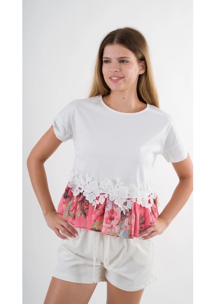 Kadın Beyaz Dantel Çiçek Desenli Bisiklet Yaka Bluz HZL24S-YY256