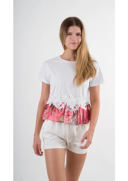 Kadın Beyaz Dantel Çiçek Desenli Bisiklet Yaka Bluz HZL24S-YY256 fiyatları