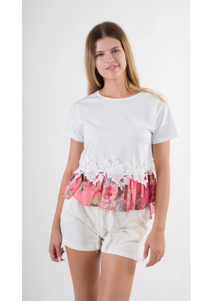 Kadın Beyaz Dantel Çiçek Desenli Bisiklet Yaka Bluz HZL24S-YY256 modelleri
