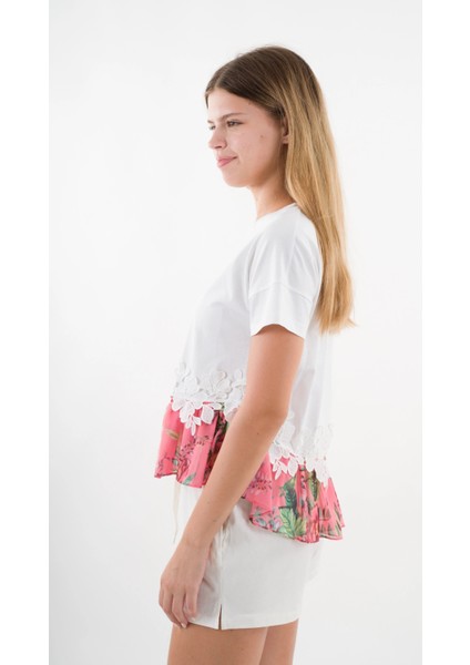 Kadın Beyaz Dantel Çiçek Desenli Bisiklet Yaka Bluz HZL24S-YY256 indirimleri