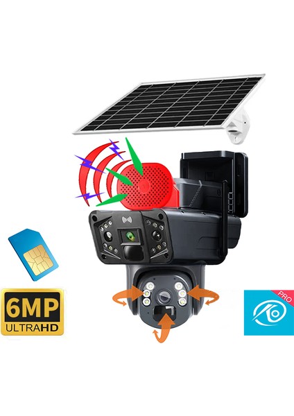 6 Mp Çift Kameralı ve Sensörlü Güneş Panelli Sim Kart ile Çalışan Kablosuz Ip Wifi Güvenlik Kamerası