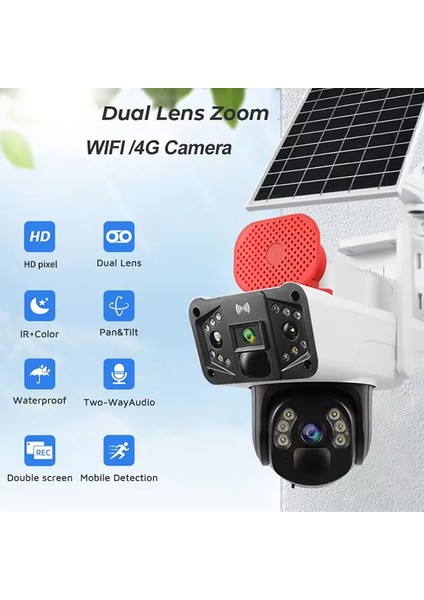 6 Mp Çift Kameralı ve Sensörlü Güneş Panelli Sim Kart ile Çalışan Kablosuz Ip Wifi Güvenlik Kamerası