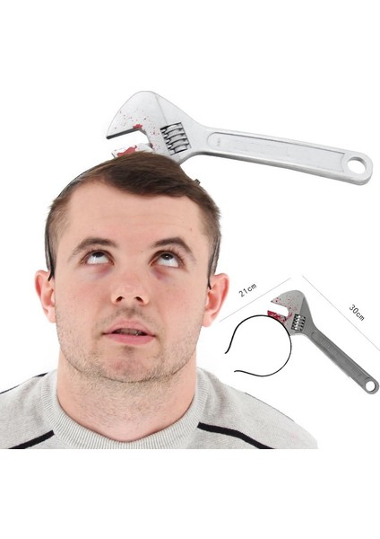 Halloween Şaka Kafaya Geçen Kanlı Ingiliz Anahtarı Taç Plastik 21 x 30 cm 1 Adet