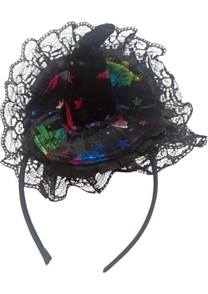 Halloween Siyah Renk Hologramlı Ürkünçler Cadı Şapkası Şeklinde Tüllü Taç