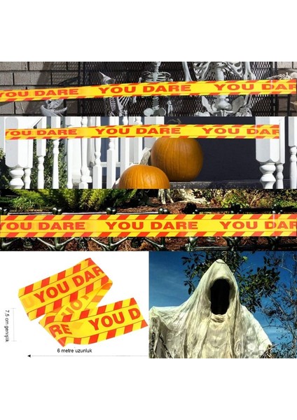 Halloween Plastik You Dare Yazılı Sarı Kırmızı Renk Emniyet Şeridi 6 mt