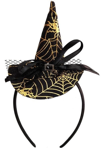 Halloween Altın Renk Ağ Desenli Tüllü Kurdeleli Cadı Şapkası Şeklinde Taç