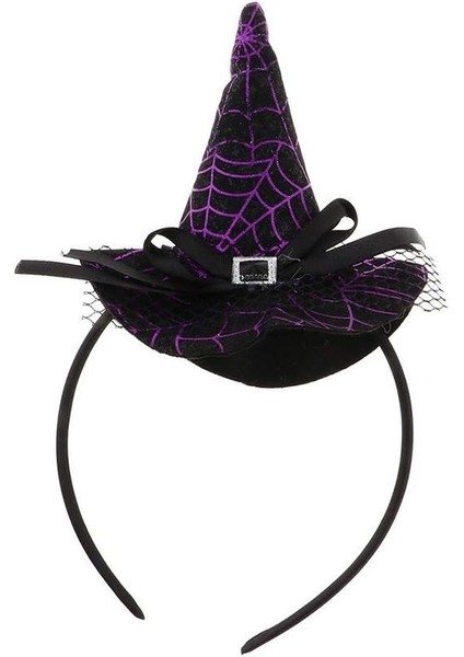 Halloween Mor Renk Ağ Desenli Tüllü Kurdeleli Cadı Şapkası Şeklinde Taç
