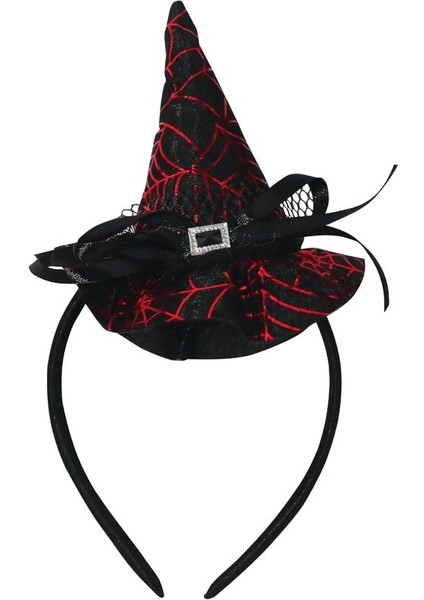 Halloween Kırmızı Renk Ağ Desenli Tüllü Kurdeleli Cadı Şapkası Şeklinde Taç