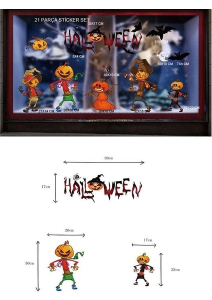 Cam ve Duvar Için Halloween Temalı Plastik Elektrostatik Çıkartma Sticker 21 Parça
