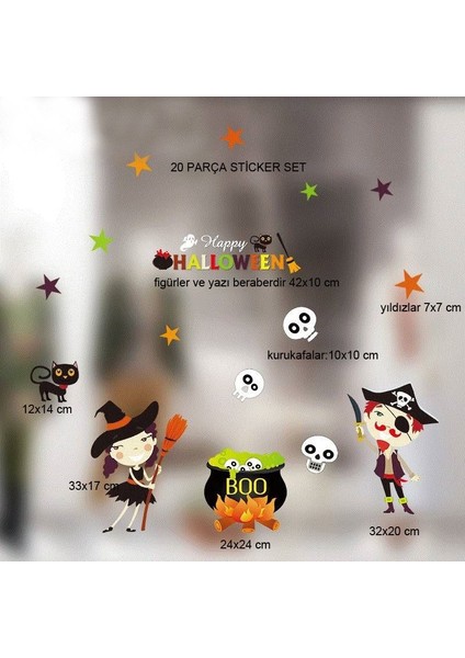 Cam ve Duvar Için Halloween Temalı Plastik Elektrostatik Çıkartma Sticker 20 Parça