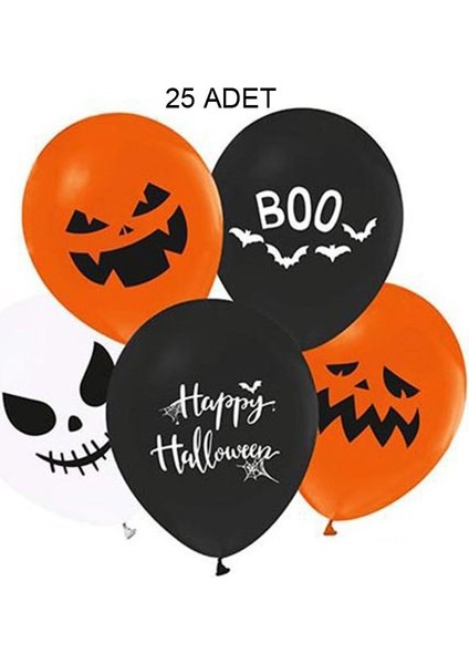Turuncu Siyah Beyaz Renk Halloween Temalı Lateks Balon 25 Adet