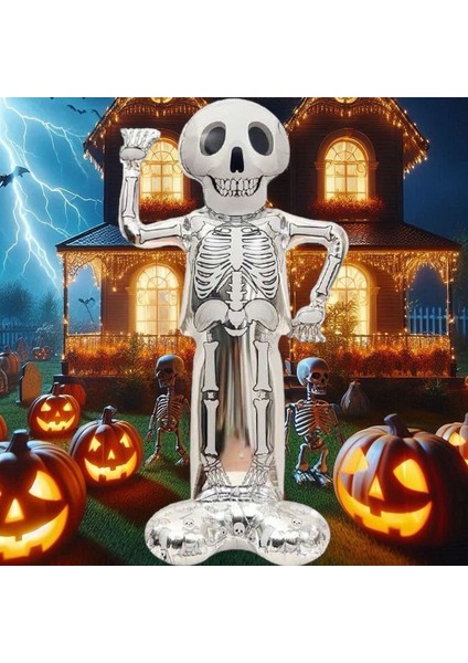 Halloween Altlıklı Gülen Iskelet Şeklinde Folyo Balon Beyaz Renk 154 x 83 cm