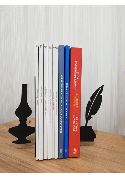 Dekoratif Divit ve Gaz Lambası Desenli Metal Kitap Tutucu 2'li Paket