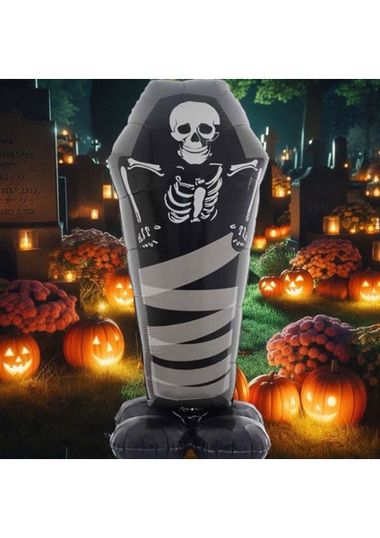 Halloween Altlıklı Ayakta Tabut Içinde Iskelet Şekilli Folyo Balon 99 x 57 cm
