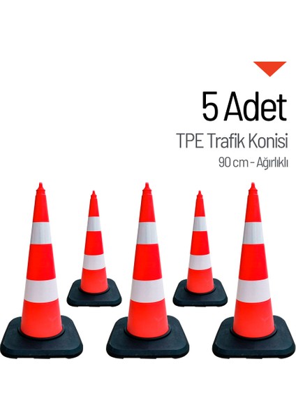 5'Li Tpe Trafik Konisi Seti 90 Cm Ağırlıklı Çift Reflektifli Trafik Dubası
