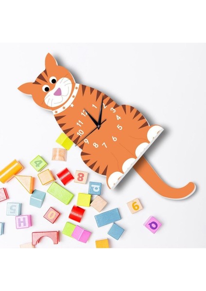 Turuncu Ahşap Çocuk Odası Duvar Saati, Kedi Temalı, Sallanan Sarkaç, 40x18 Boyut