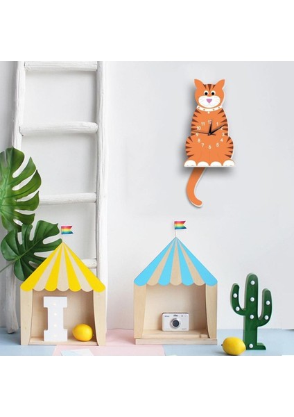 Turuncu Ahşap Çocuk Odası Duvar Saati, Kedi Temalı, Sallanan Sarkaç, 40x18 Boyut