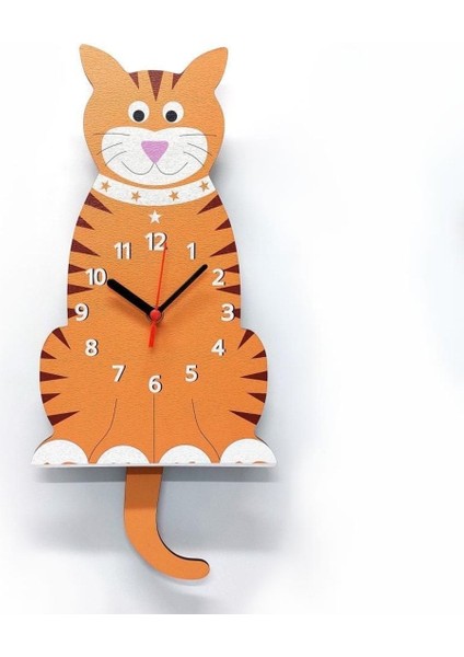 Turuncu Ahşap Çocuk Odası Duvar Saati, Kedi Temalı, Sallanan Sarkaç, 40x18 Boyut