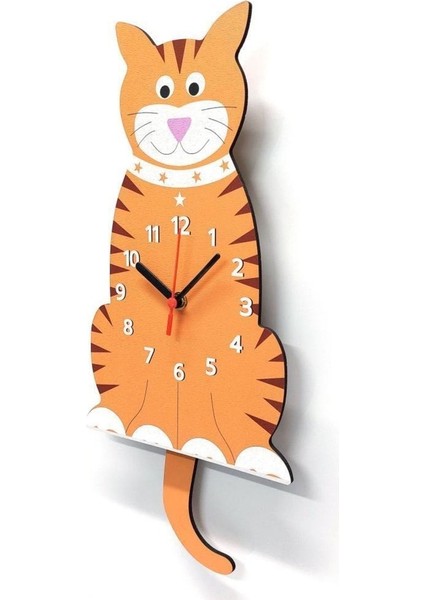Turuncu Ahşap Çocuk Odası Duvar Saati, Kedi Temalı, Sallanan Sarkaç, 40x18 Boyut