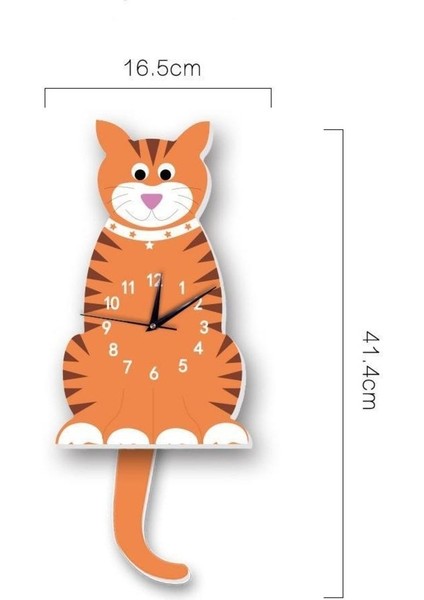 Turuncu Ahşap Çocuk Odası Duvar Saati, Kedi Temalı, Sallanan Sarkaç, 40x18 Boyut