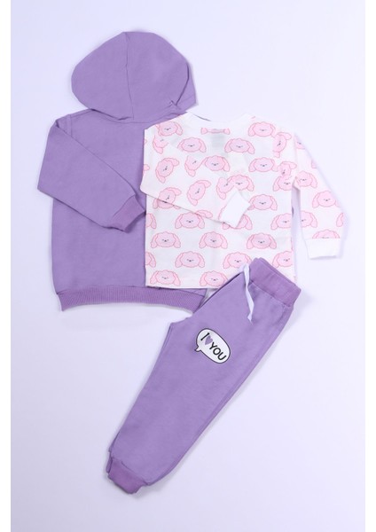 Kız Çocuk 3'lü Takım Köpek Baskılı Kapşonlu Fermuarlı B66