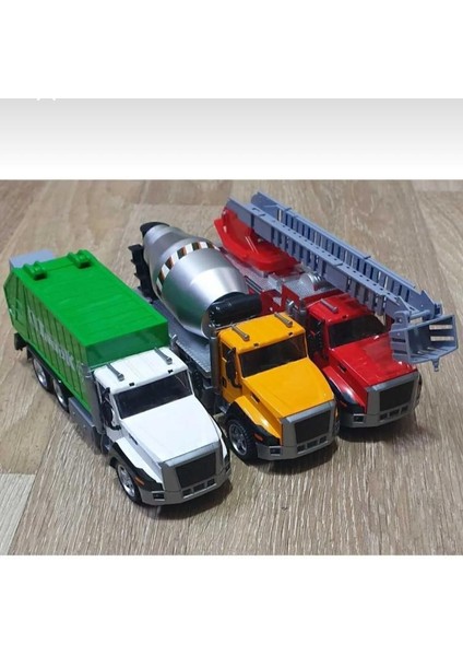 Diecast Oyuncak Metal Kamyon 21 cm Beton Mikser & Çöp Kamyonu & Merdivenli Itfaiye Arabası 3lü Set