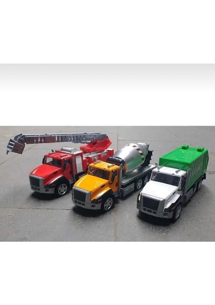 Diecast Oyuncak Metal Kamyon 21 cm Beton Mikser & Çöp Kamyonu & Merdivenli Itfaiye Arabası 3lü Set fiyatları