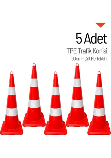 5 Adet Tpe Trafik Konisi 90 Cm Çift Reflektifli Trafik Dubası Seti
