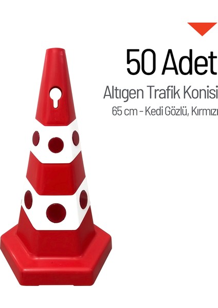 50'Li Kedi Gözlü Kırmızı Altıgen Trafik Konisi Seti 65 Cm Trafik Dubası