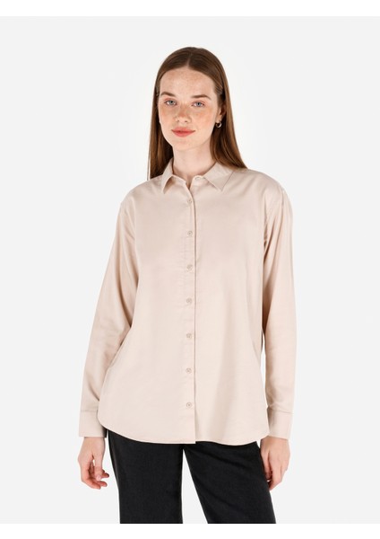 Regular Fit Shirt Neck Düz Kadın Bej Uzun Kol Gömlek Cl1070173