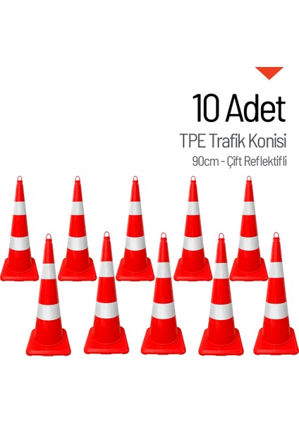 10 Adet Tpe Trafik Konisi 90 Cm Çift Reflektifli Trafik Dubası Seti