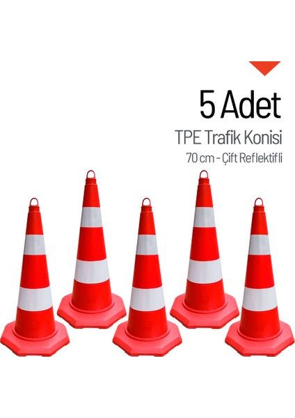 5'Li Tpe Trafik Konisi Seti 70 Cm Çift Reflektifli Trafik Dubası