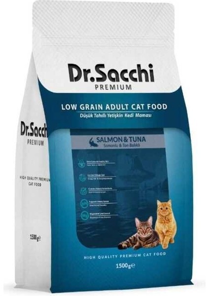 Premium Düşük Tahıllı Somonlu ve Ton Balıklı Yetişkin Kedi Maması 1,5 kg